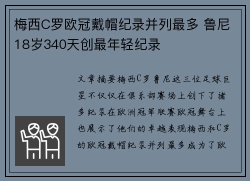 梅西C罗欧冠戴帽纪录并列最多 鲁尼18岁340天创最年轻纪录