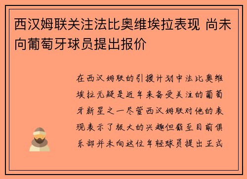 西汉姆联关注法比奥维埃拉表现 尚未向葡萄牙球员提出报价